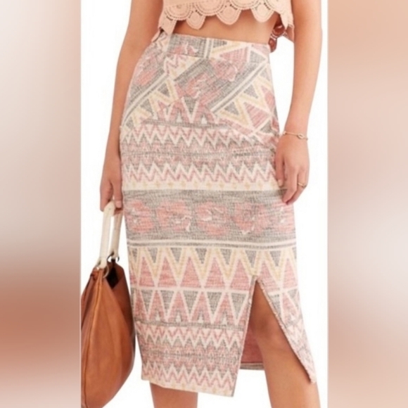 Free People Dresses & Skirts - FREE PEOPLE Mendocino Aztec Boho Woven High Waist Slit Pencil Skirt Size Large